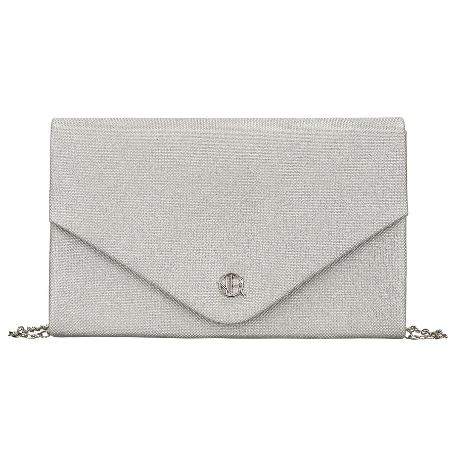 Brokatowa kopertówka damska w srebrnym kolorze zawieszona na eleganckim łańcuszku - Rovicky