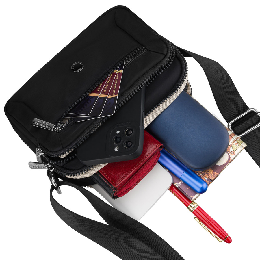 Mała, czarna torebka damska z poliestru zamykana suwakiem, dwukomorowa - Peterson