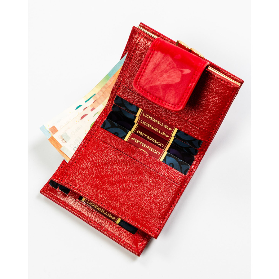 Mały, czerwony portfel damski zamykany na bigiel i zatrzask - Peterson