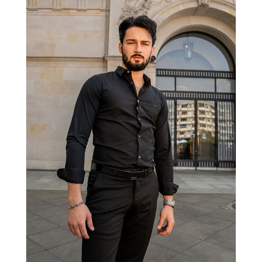 Klasyczny pasek męski w czarnym kolorze z automatyczną, srebrną klamrą - Peterson