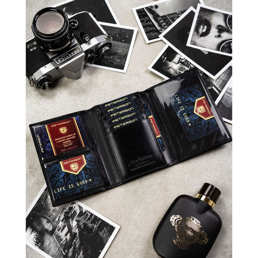 Skórzane, duże etui w czarnym kolorze przeznaczone na dokumenty i karty - Peterson