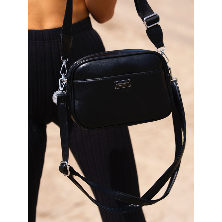 Czarna, klasyczna listonoszka damska crossbody z eko skóry dwa paski w komplecie Peterson