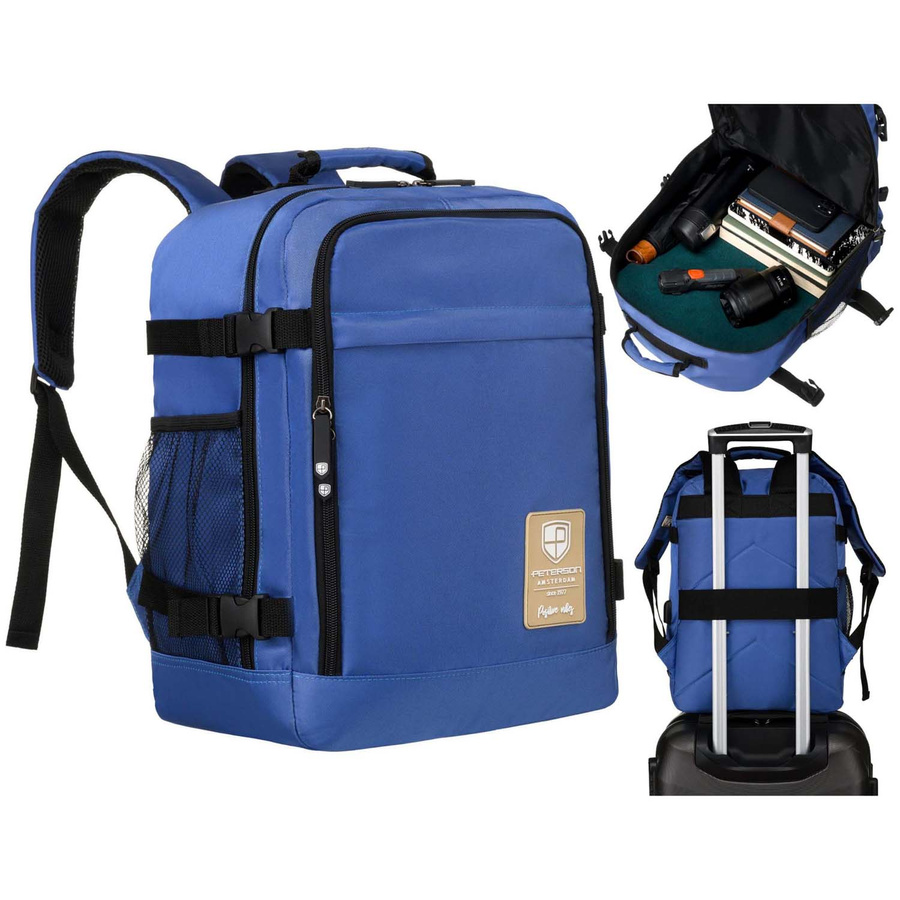 Podróżny plecak z wodoodpornego poliestru w niebieskim kolorze zawieszony na regulowanych szelkach - Peterson