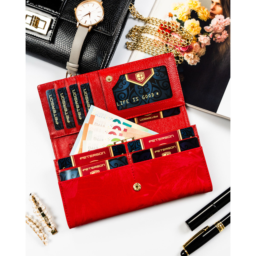 Duży, czerwony portfel damski ze skóry naturalnej i ekologicznej zamykany zatrzaskiem - Peterson