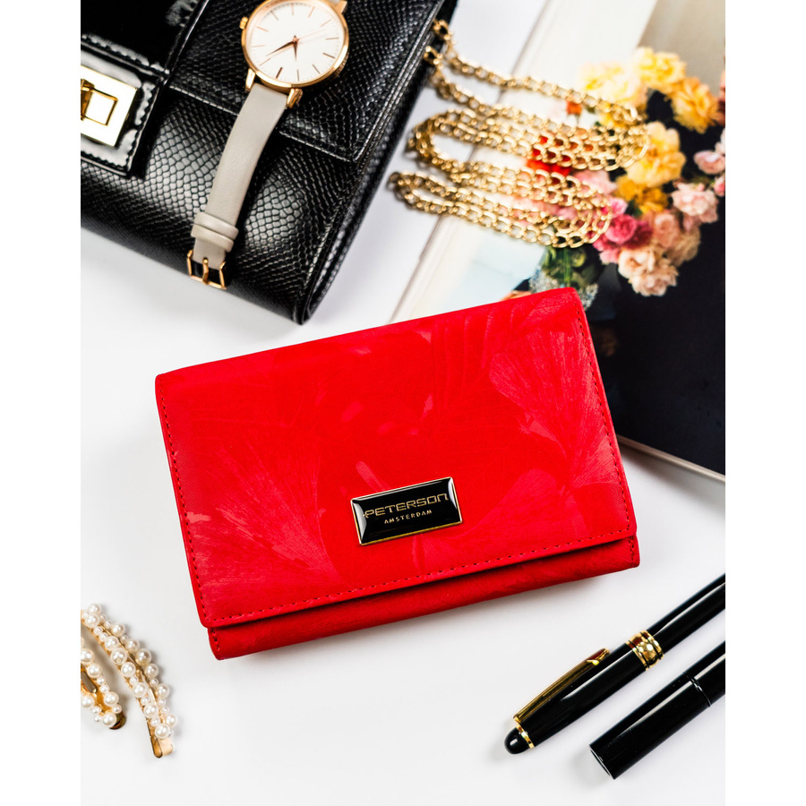 Czerwony, duży portfel damski ze skóry naturalnej i ekologicznej zamykany na zatrzask - Peterson