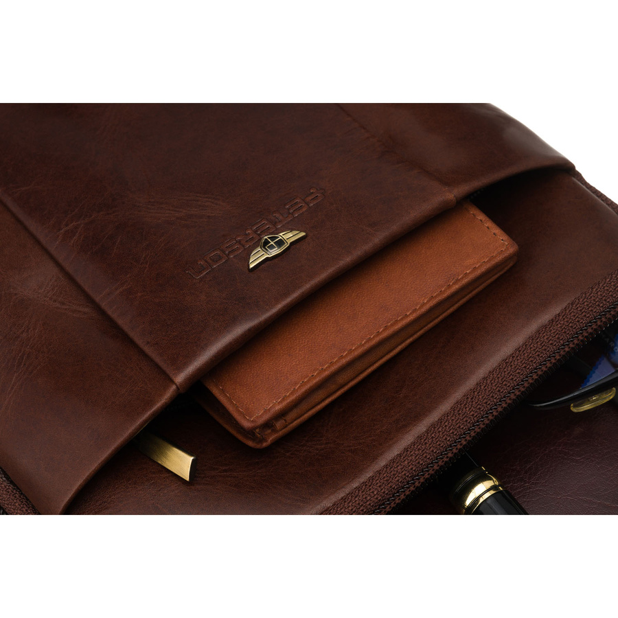 Dwukomorowa, brązowa listonoszka męska ze skóry naturalnej - Peterson