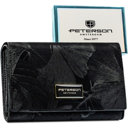 Poziomy, duży portfel damski ze skóry naturalnej i ekologicznej w czarnym kolorze - Peterson