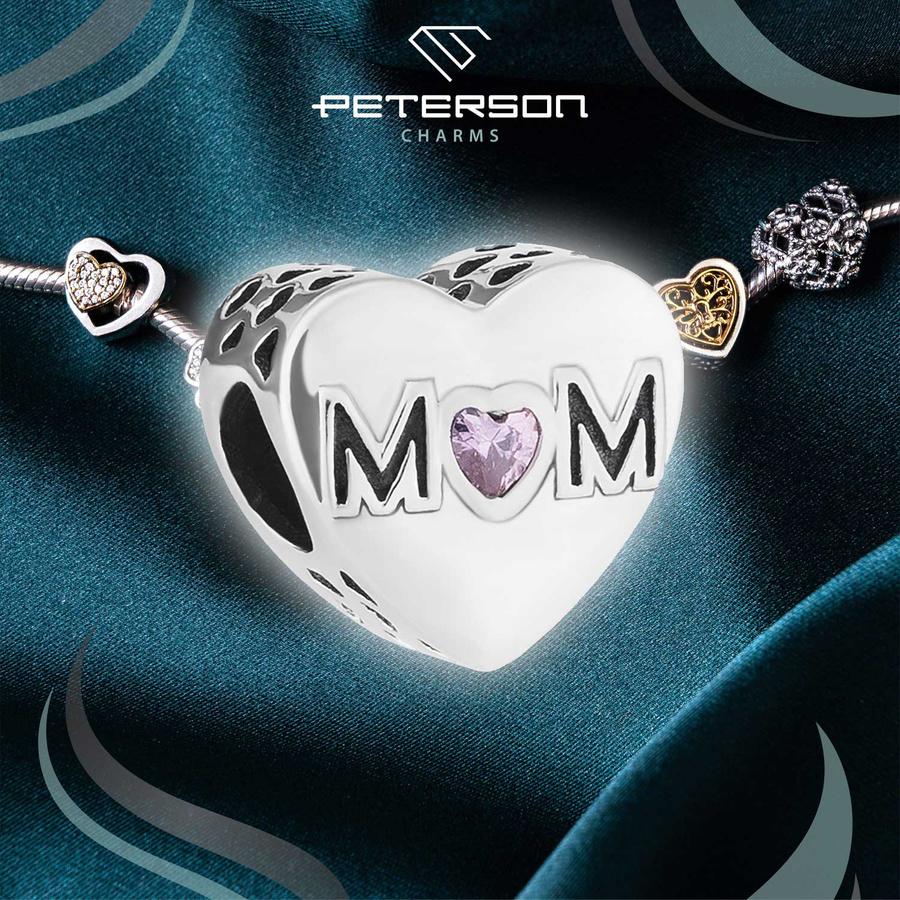Srebrny charms serce z cyrkonią i napisem do modułowej bransoletki - Peterson