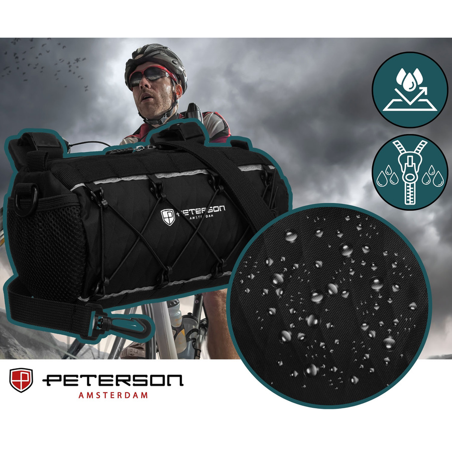 Czarna sakwa rowerowa na kierownicę wykonana z materiałów wodoodpornych - Peterson