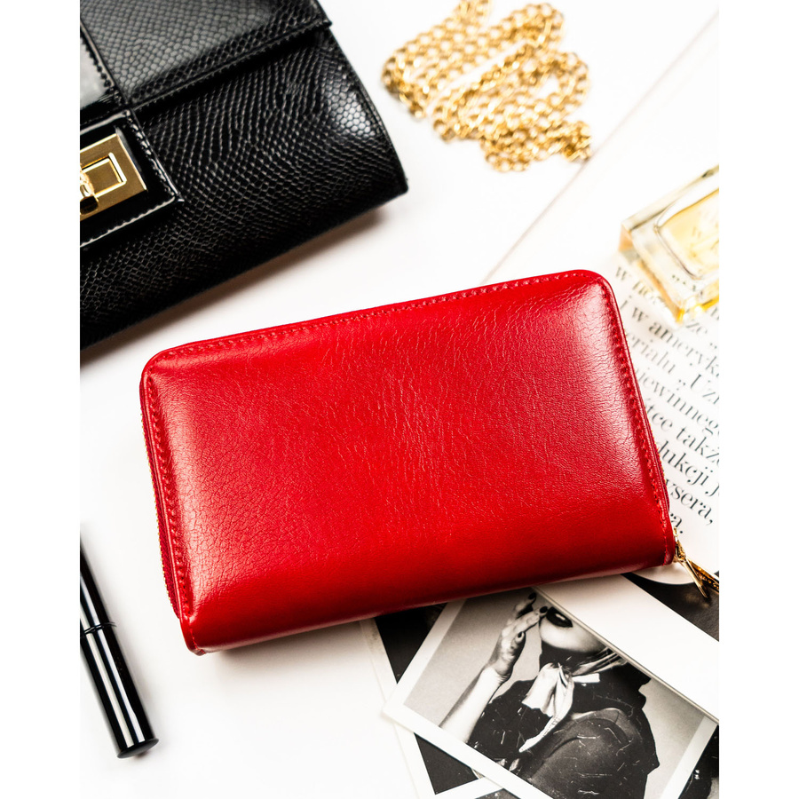 Czerwony portfel damski w typie piórnika ze skóry ekologicznej wyposażony w system RFID - Peterson