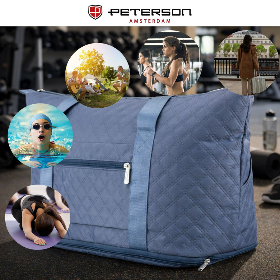 Treningowa torba wykonana z poliestru w niebieskim kolorze, wyposażona w uchwyt na walizkę - Peterson