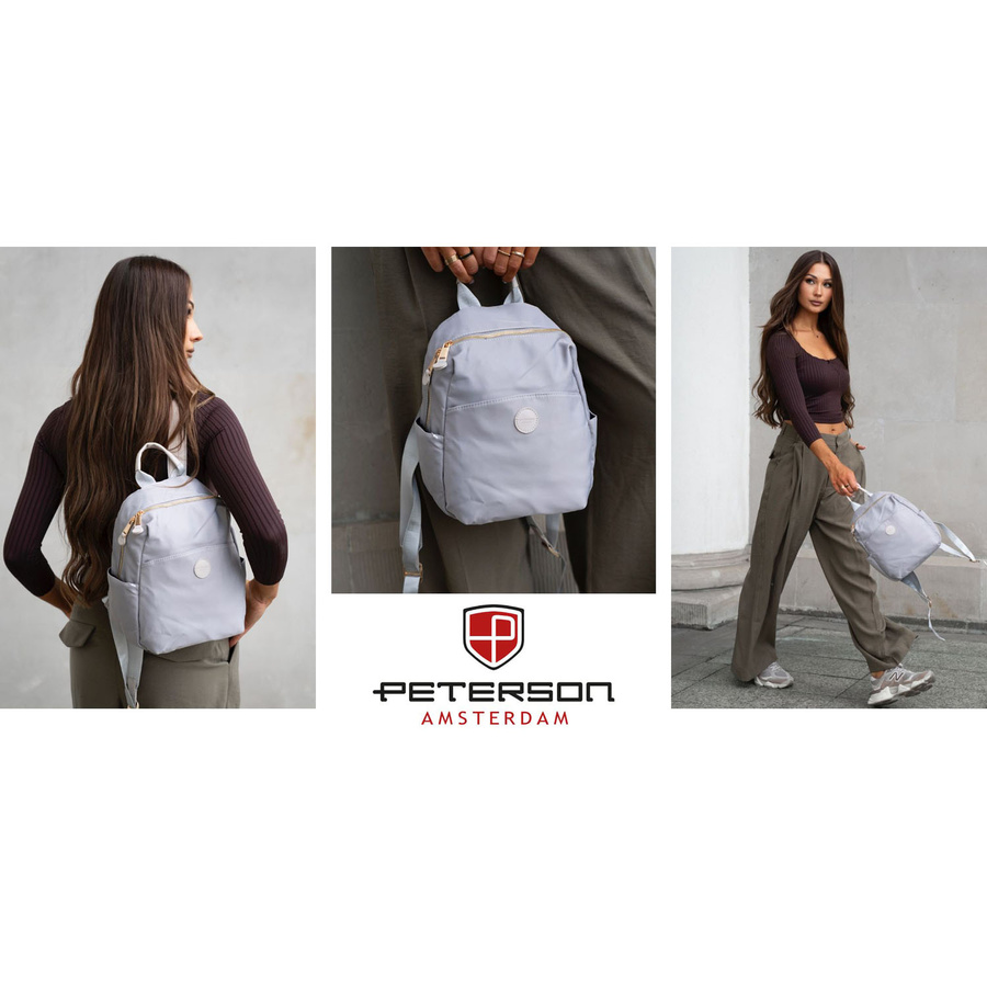 Szary plecak damski z nylonu i skóry ekologicznej z kieszonką zewnętrzną - Peterson