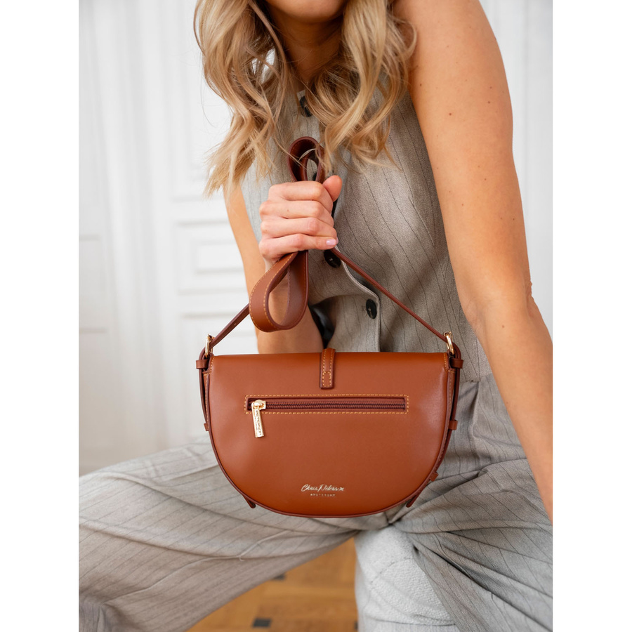 Półokrągła beżowo - brązowa listonoszka damska ze skóry naturalnej i płótna canvas Peterson