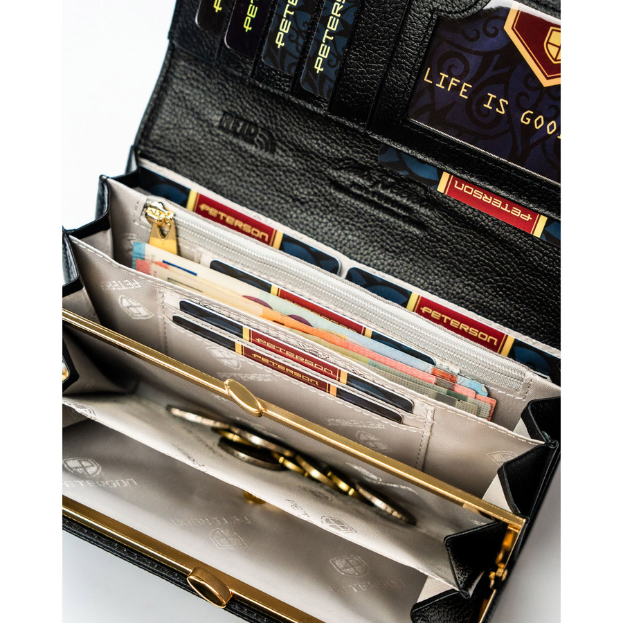 Duży portfel damski ze skóry naturalnej i ekologicznej w czarnym kolorze, zamykany zatrzaskiem - Peterson