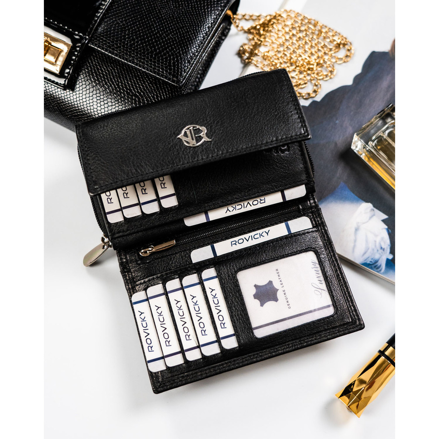 Modny, skórzany portfel damski na zatrzask w czarnym kolorze - Rovicky