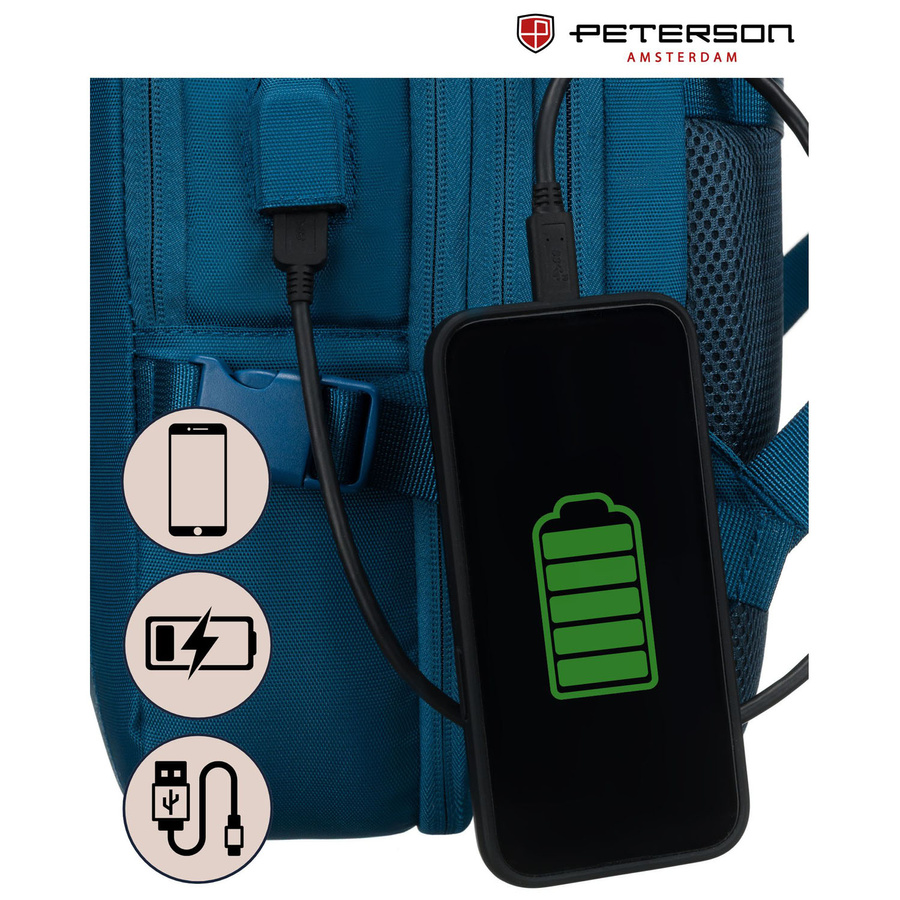 Plecak podróżny w niebieskim kolorze, idealny na bagaż podręczny i wyposażony paski kompresyjne - Peterson