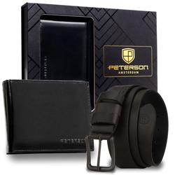 Zestaw prezentowy: skórzany portfel męski w czarnym kolorze bez zapięcia i czarny pasek ze skóry naturalnej - Peterson