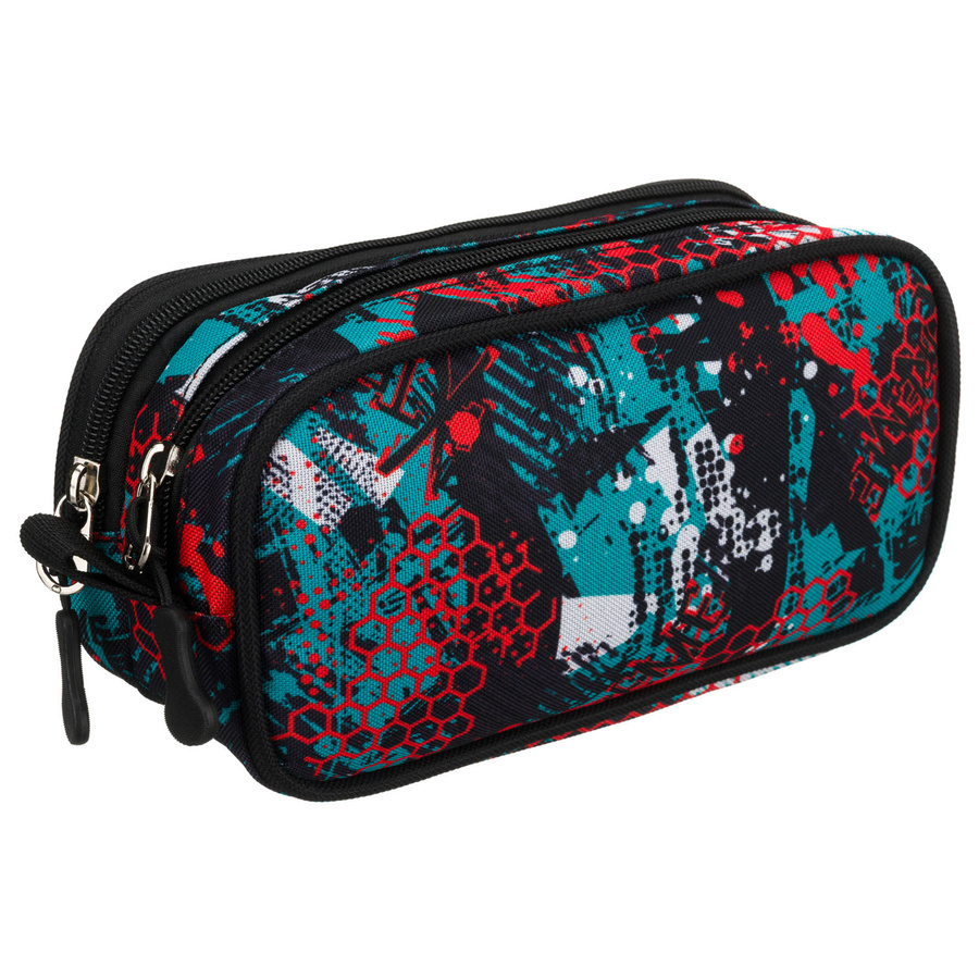 Wzorzysty piórnik szkolny z poliestru zapinany suwakami - Peterson