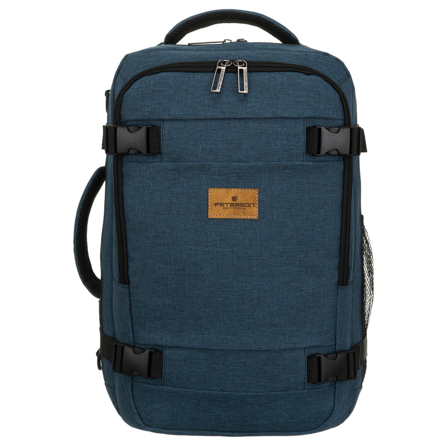 Granatowy, podróżny plecak z poliestru wyposażony w dopinany pasek - Peterson