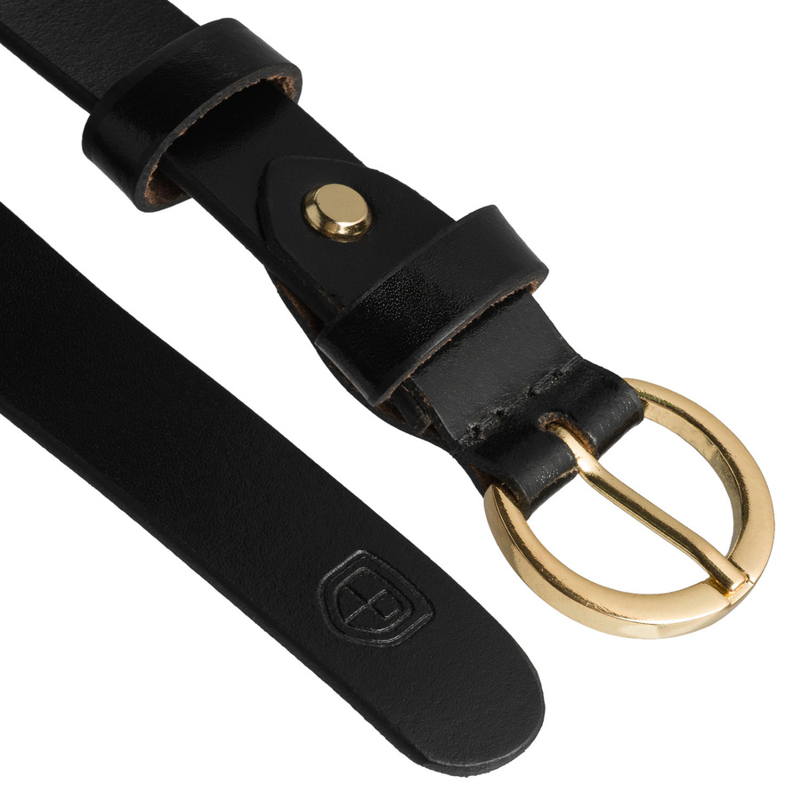 Skórzany pasek damski w czarnym kolorze ze złotą, klasyczną klamrą - Peterson