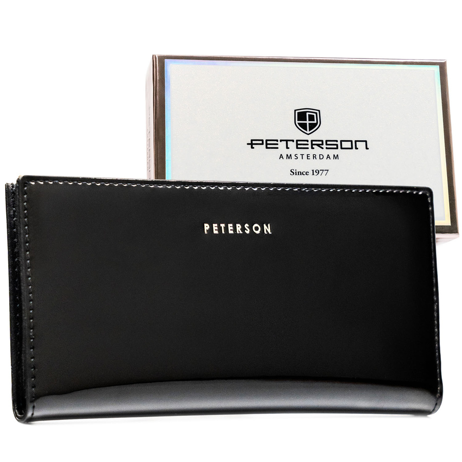 Duży portfel damski ze skóry ekologicznej w czarnym kolorze zamykany suwakiem i zatrzaskiem - Peterson