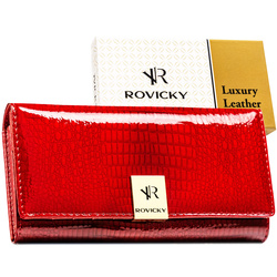 Duży, czerwony portfel damski ze skóry naturalnej we wzór imitujący skórę krokodyla - Rovicky