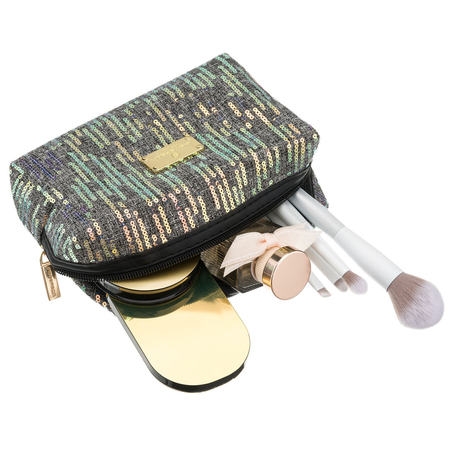 Czarna kosmetyczka z poliestru ozdobiona cekinami, zamykana suwakiem - Peterson