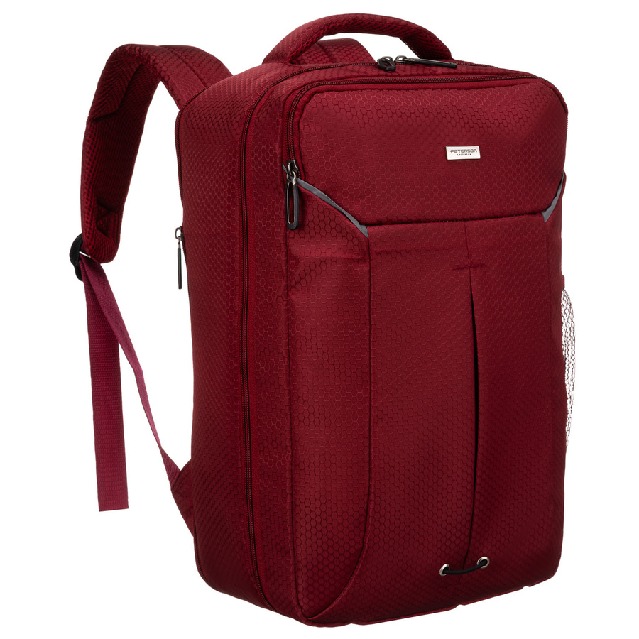 Podróżny plecak z poliestru w czerwonym kolorze, zawieszony na regulowanych szelkach - Peterson