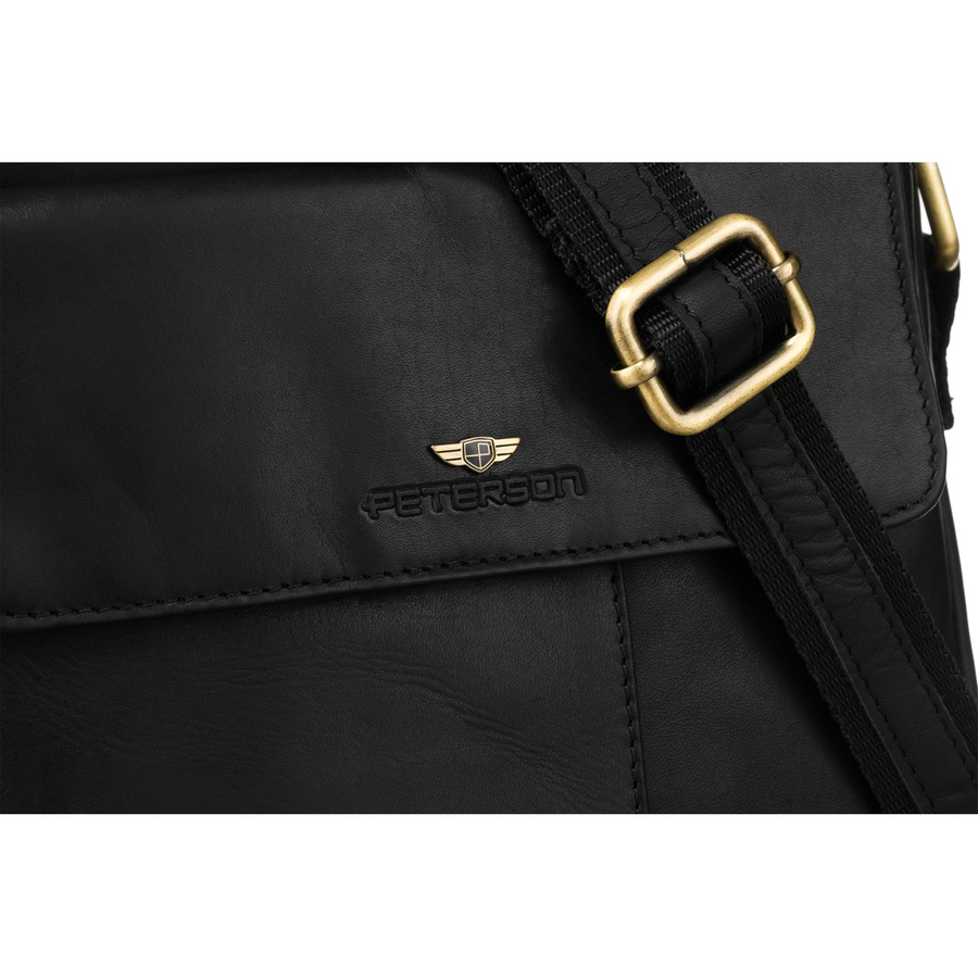 Skórzana, czarna listonoszka męska do pracy z saszetką w zestawie - Peterson 