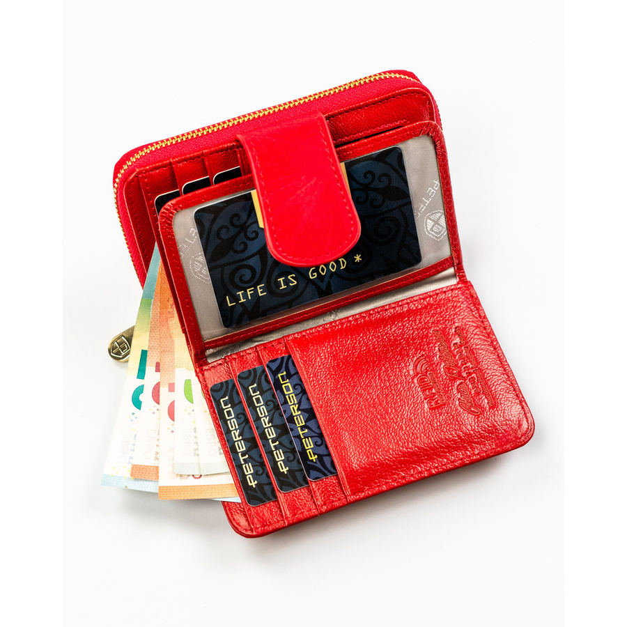 Czerwony portfel wykonany ze skóry naturalnej i ekologicznej zamykany na suwak i zatrzask - Peterson