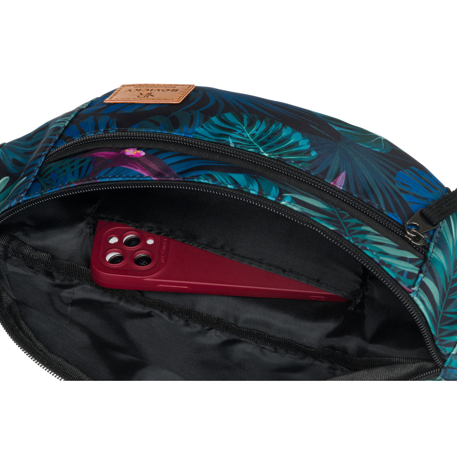 Saszetka damska z poliestru w modny, roślinny wzór, zawieszona na regulowanym pasku - Rovicky