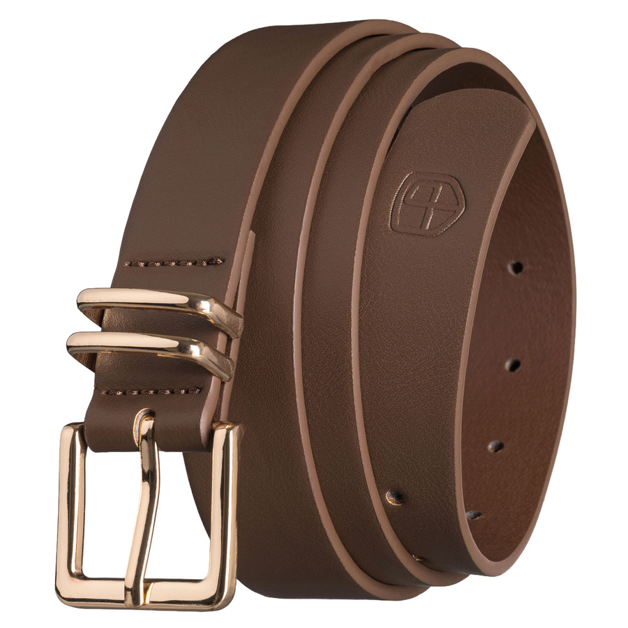 Wąski pasek damski ze skóry ekologicznej w kolorze khaki ze złotą klamrą - Peterson