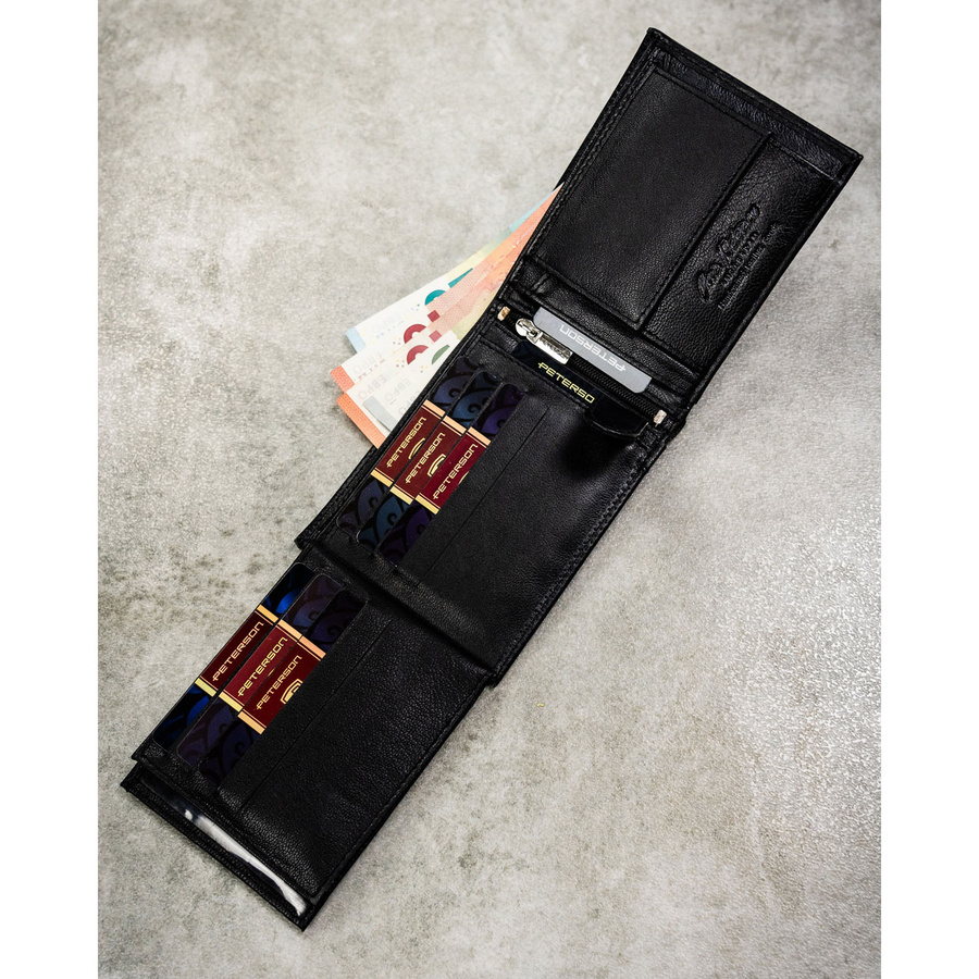 Duży, skórzany portfel męski w czarnym kolorze bez zapięcia zewnętrznego - Peterson