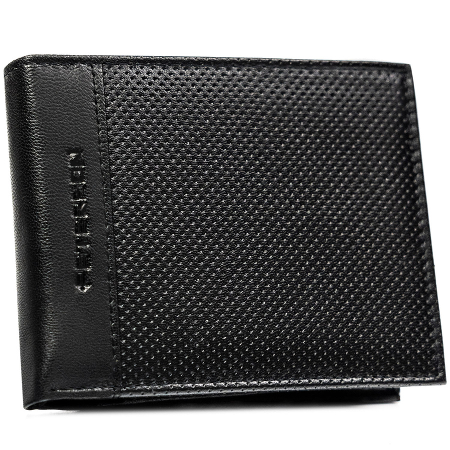 Duży, skórzany portfel męski w czarnym kolorze bez zapięcia zewnętrznego - Peterson