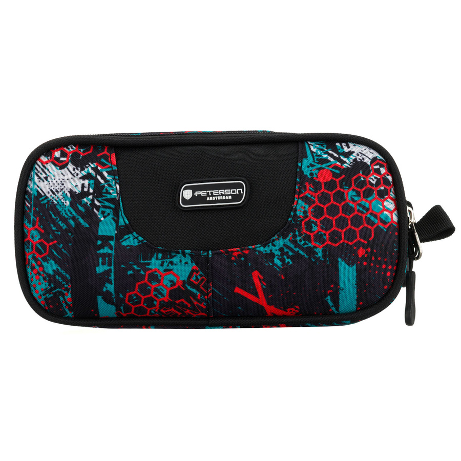 Wzorzysty piórnik szkolny z poliestru zapinany suwakami - Peterson