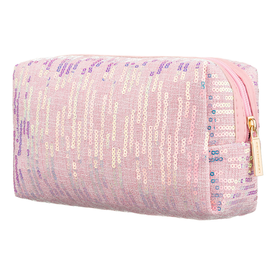 Różowa kosmetyczka z poliestru ozdobiona cekinami, jednokomorowa - Peterson
