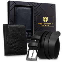 Zestaw prezentowy: skórzany, pionowy portfel męski w czarnym kolorze bez zapięcia i czarny pasek ze skóry ekologicznej - Peterson