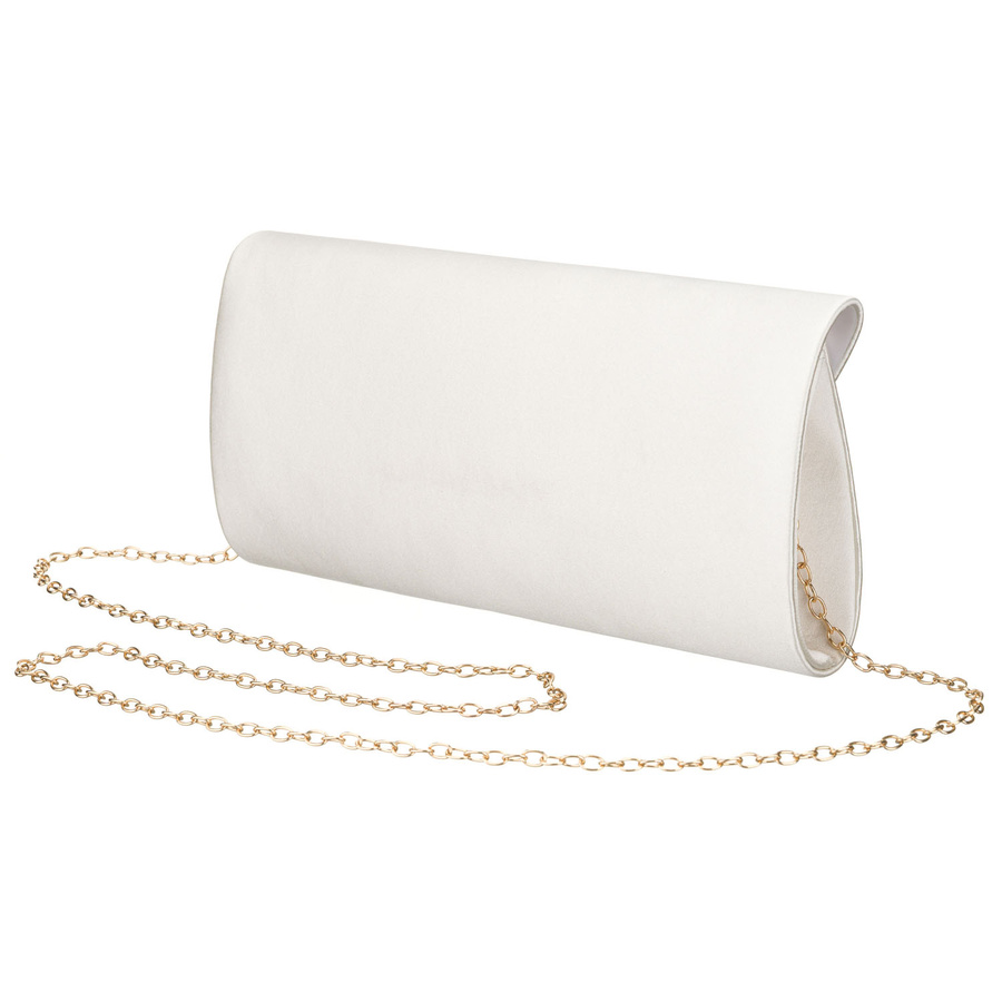 Biała kopertówka damska wykonana z tkaniny syntetycznej zawieszona na łańcuszku - Rovicky