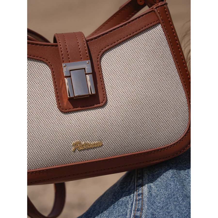 Beżowo-brązowa listonoszka damska ze skóry naturalnej i płótna poliamidowego - Peterson