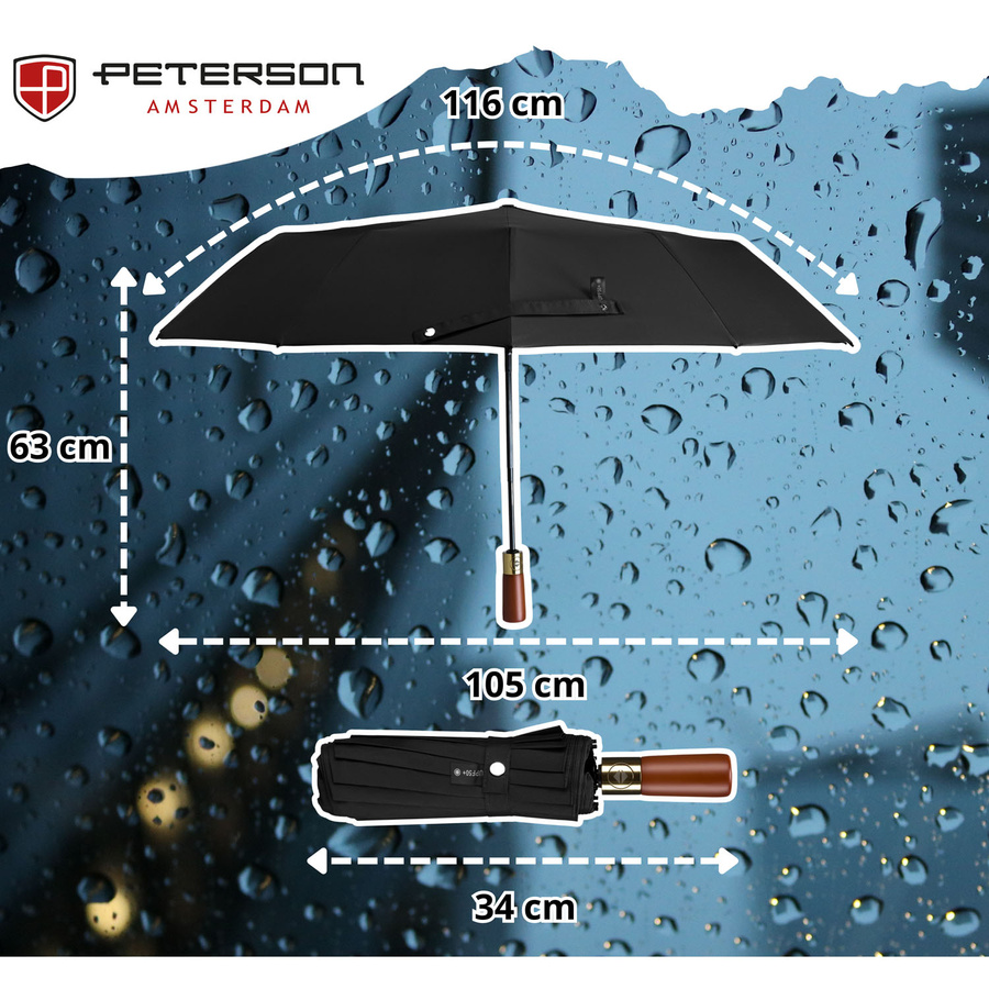 Składana, czarna parasolka w eleganckim pokrowcu - Peterson