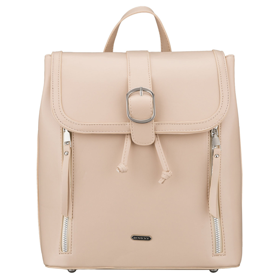 Beżowy, niewielki plecak damski ze skóry ekologicznej wyposażony w nóżki ochronne - Rovicky