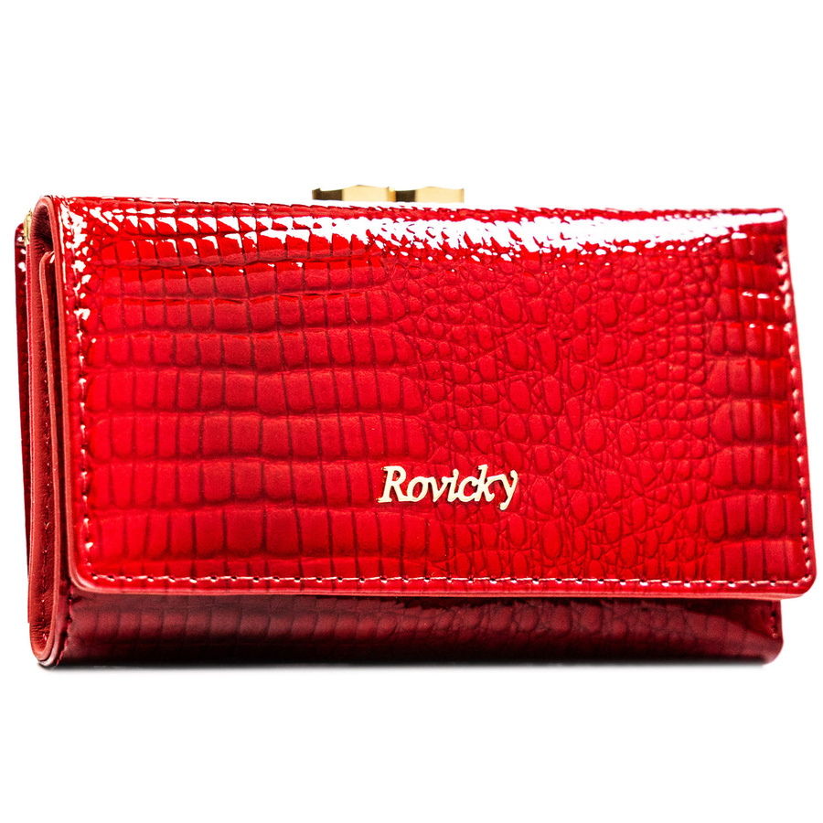 Średni portfel damski ze skóry naturalnej w czerwonym kolorze zamykany na bigiel i zatrzask - Rovicky