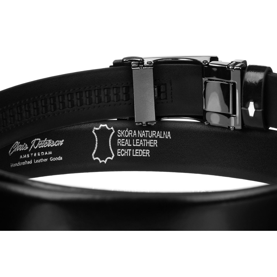 Skórzany, czarny pasek męski z automatyczną klamrą - Peterson