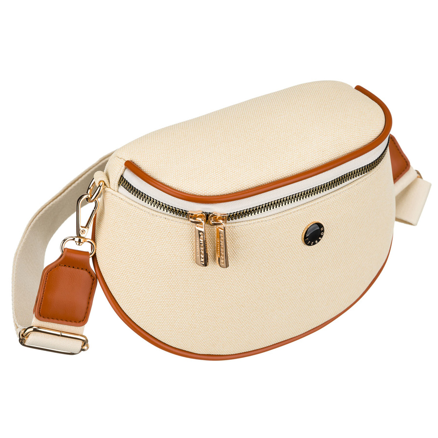 Saszetka damska w kolorze ecru z brązowymi elementami, zamykana suwakiem - Peterson