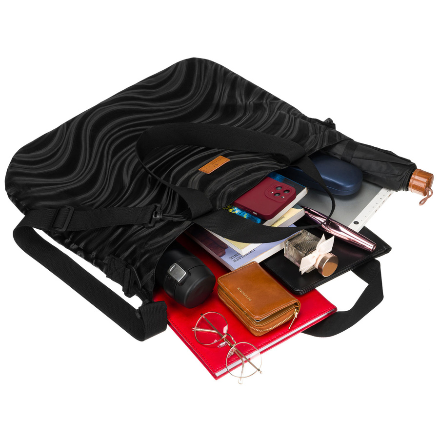 Shopper damski z poliestru w czarnym kolorze pokryty falistym wzorem - Rovicky