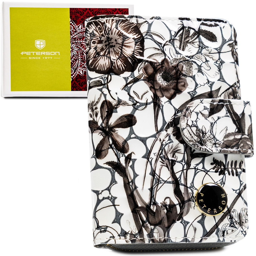 Czarny portfel damski ze skóry naturalnej z systemem RFID, zamykany zatrzaskiem i suwakiem - Peterson