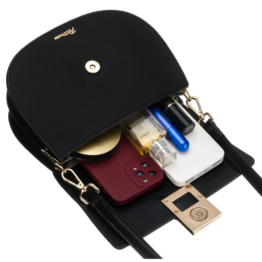 Czarna listonoszka damska zawieszona na regulowanym, dopinanym pasku - Peterson