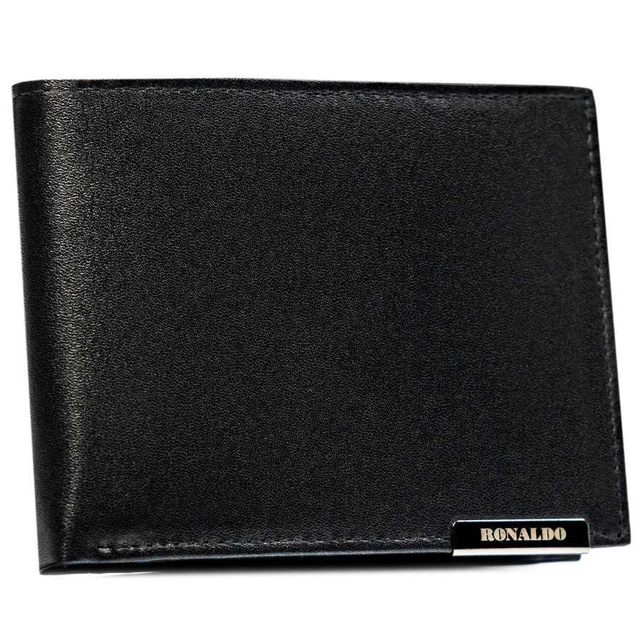 Poziomy, skórzany, czarny portfel męski bez zapięcia zewnętrznego - Ronaldo