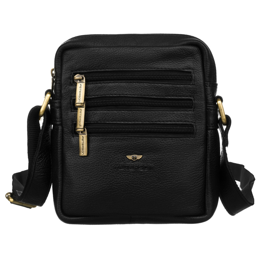 Czarna torba męska na ramię wykonana ze skóry naturalnej z suwakami na froncie - Peterson