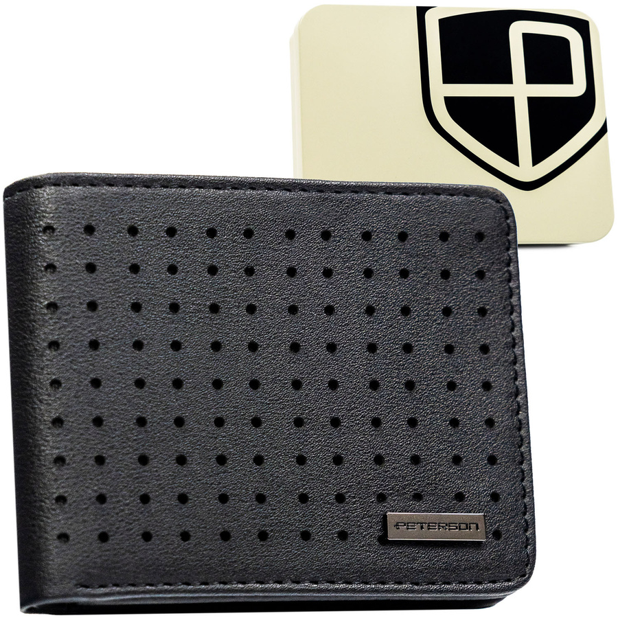 Portfel męski w czarnym kolorze z subtelnym, perforowanym zdobieniem - Peterson